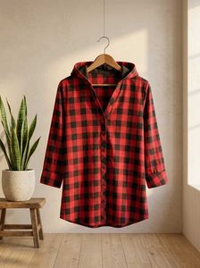 Red Plaid Hooded Tunic Shirt