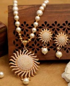 Sun Motif Pearl Necklace & Earrings Set