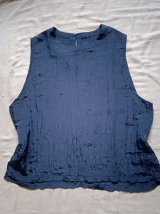Navy Blue Sleeveless Crinkle Top
