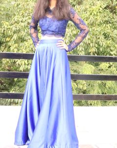 Blue Satin Skirt With Embroidered Blouse