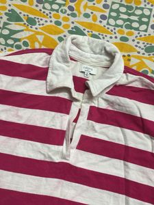 Pink &amp; White Striped Polo T-Shirt Baggy fit