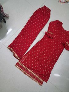 Red Kurta Set with Golden Print