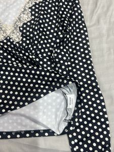 Black &amp; White Polka Dot Lace Trim Top