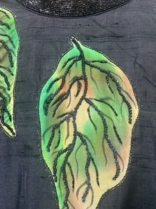 Black raw silk Gown with Green Leaf Print