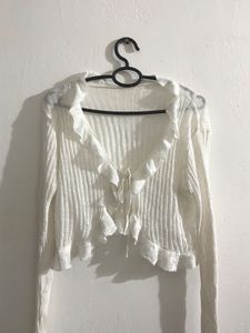 white ruffle top cardigan°•^`