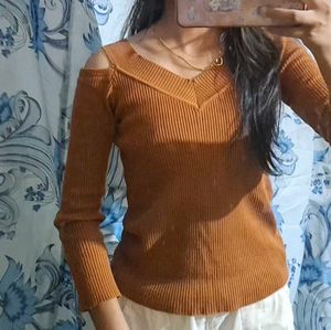 Brown Ribbed Cold Shoulder Top
