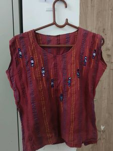 Embroidered Red Cotton Kurta