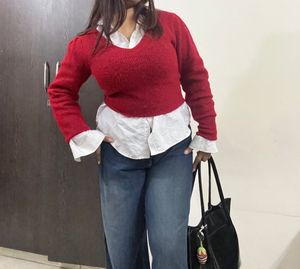 Red V-Neck Knit Sweater