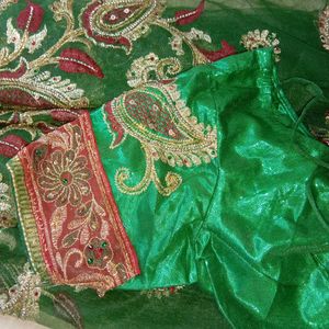 Green &amp; Red Embroidered Saree