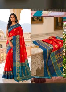 tomato red+ rama colour cotton blend sari with blo