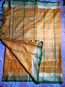 Elegant Orange Checked Saree