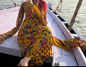 Vibrant Yellow Floral Print Kurta Set