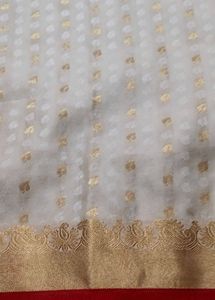 Elegant White &amp; Red Saree with Gold Border