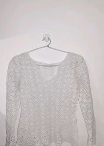 Crocheted V-Neck Long Sleeve Top