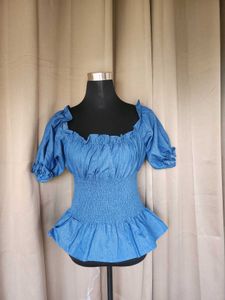 Smocked Off-Shoulder Denim Top
