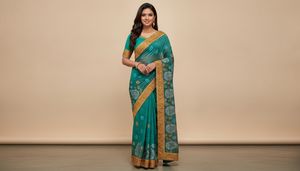 Emerald blue with grey Embroidered Saree stit