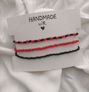 Handmade Red and Black Seed Bead Bracelet Set