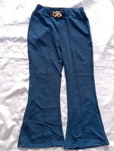 Blue Flared Pants with Gold Detail