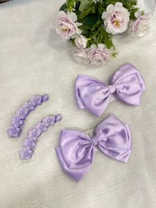 Cute Lavender Bow & Flower Hair Clips Set