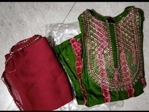 Green &amp; Pink Tie-Dye Kurta Set with Dupatta