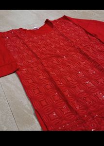 Red Chikenkari Kurta