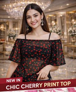 Chic Cherry Print Off-Shoulder Top