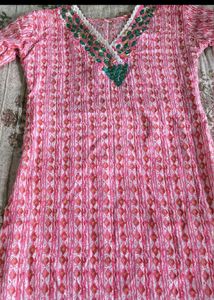 Pink Printed Kurta with Embellished Neckline