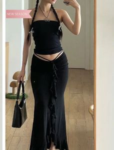 y2k Black Maxi Skirt with Ruffles