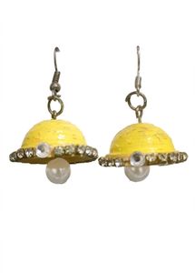 Yellow Jhumka Earrings with Pearls