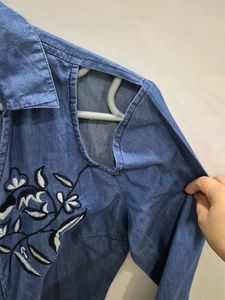Embroidered Cotton Denim Zip-Up Top