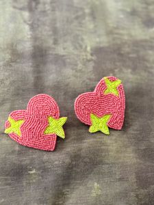 Pink Beaded Heart Earrings