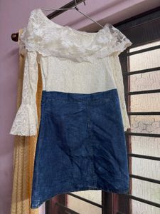 Off-Shoulder Lace Top with Denim Skirt
