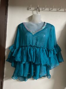 Stunning Teal Ruffled Top with Embellished Necklin