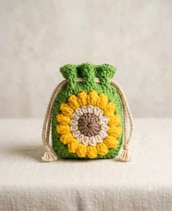 Handmade Crochet Sunflower Drawstring Pouch