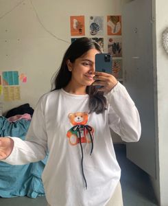 Cute Teddy Bear Print White Top