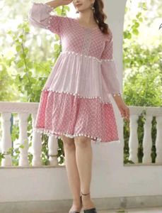 Pink Tiered Kurta with Pom-Pom Trim