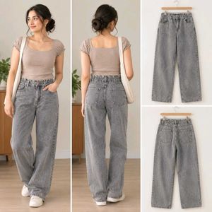 Stylish Grey Wide-Leg Denim Jeans