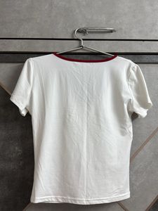 Chic White Top with Burgundy Trim &amp; Bow Detail