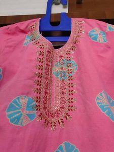 Pink Cotton Kurta with Blue Print