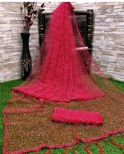 Sparkling Red Net Saree with Blouse piece