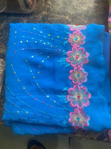 Vibrant Blue Sequined Flower Sari Fabric