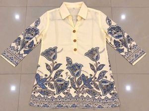 Cream Kurta Set with Blue Floral Print