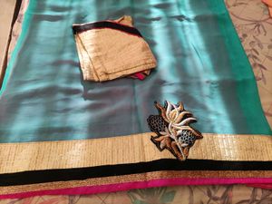 Embroidered Teal and Pink Saree