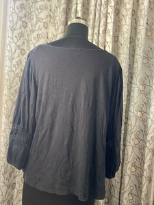 A.N.A Black Cotton Top with Embroidered Sleeves