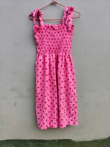 Pink Polka Dot Smocked Midi Dress