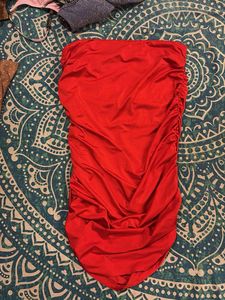 Red Ruched Strapless Mini Dress