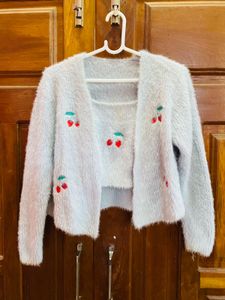 Fuzzy Cherry Knit Cardigan Set