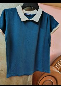 Casual Blue Top with Contrasting Collar