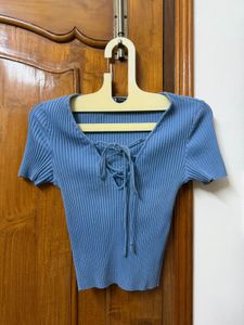 Blue Ribbed tie up Crop Top