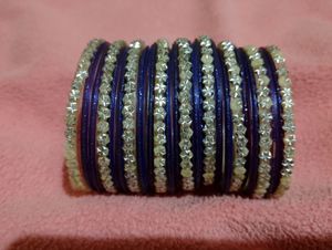 Dark Blue Silver Metallic Glass Bangles Set
